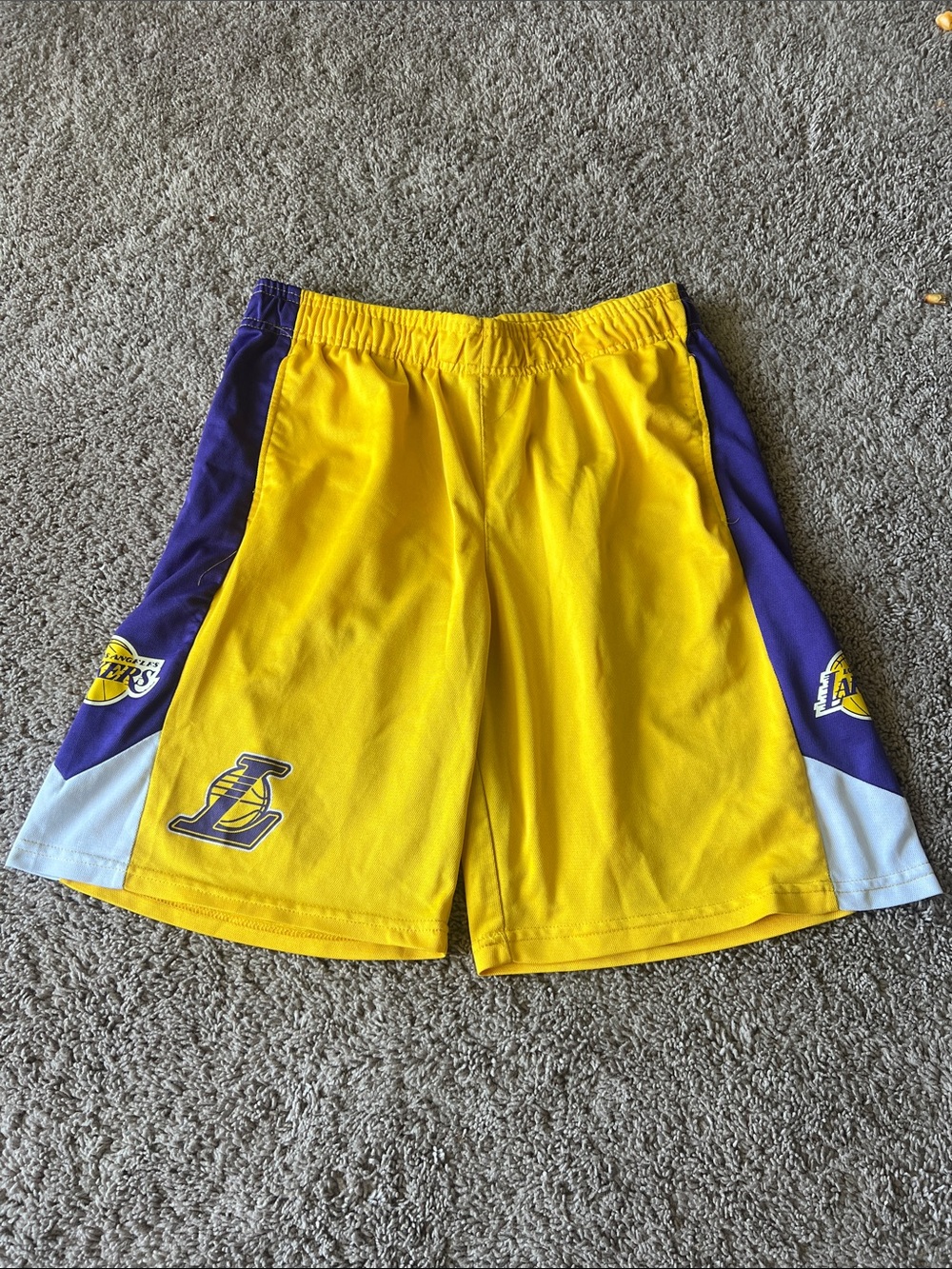 LA Lakers Mens Drawstring Basketball Shorts Yellow and Purple Size Medium
